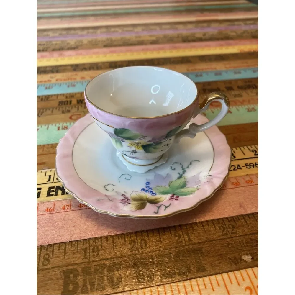 Fern Japan Hand Painted Tea Cup & Saucer Set Of 2 Strawberries Floral 4 PCs